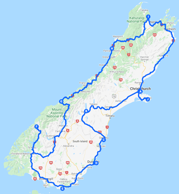 Unsere Route auf der Südinsel